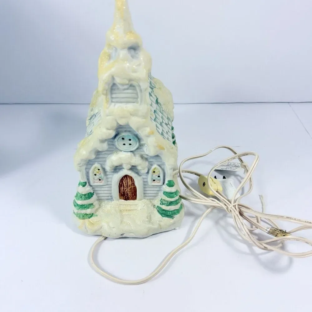 Vintage Lighted Porcelain Christmas Church Village Decor w Box Snowy Chapel Work